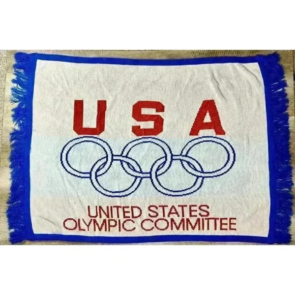 Vintage Logo Knits US Olympic Committee Throw Fringe Blanket 46”x37” Made In USA - Picture 1 of 3
